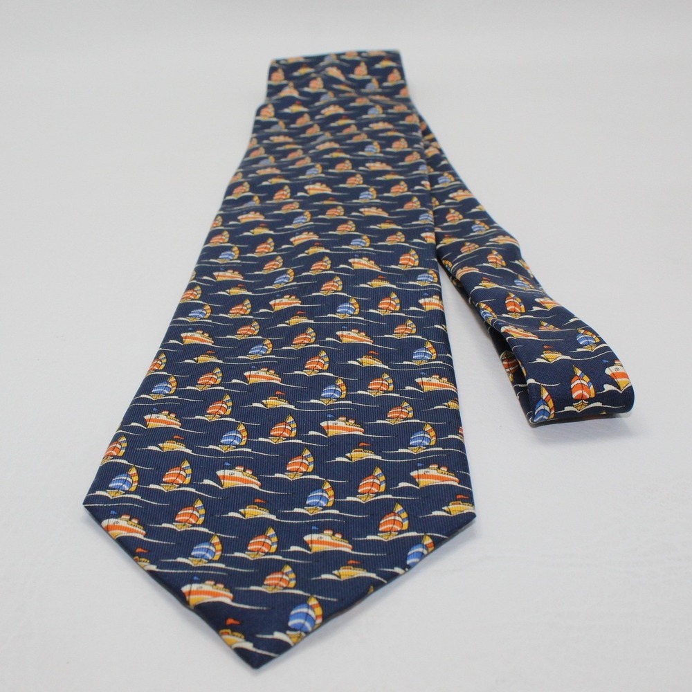 Richel Mens Silk Tie Navy Blue Nautical Sailboat Cruise Ship Hand Made Spain